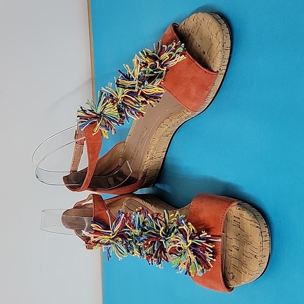 BCBGMaxAzria 100% Goat Leather Colorful Pom Pom Detail, Sandals Cork Outsole